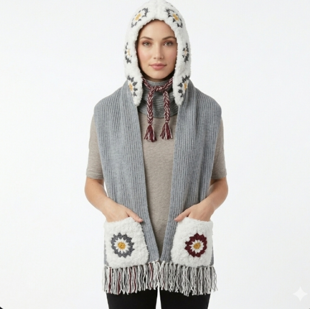 NEW Hand-Knitted Scarf Granny Squares Plush Yarn Hood &Pockets Fringe Gray White